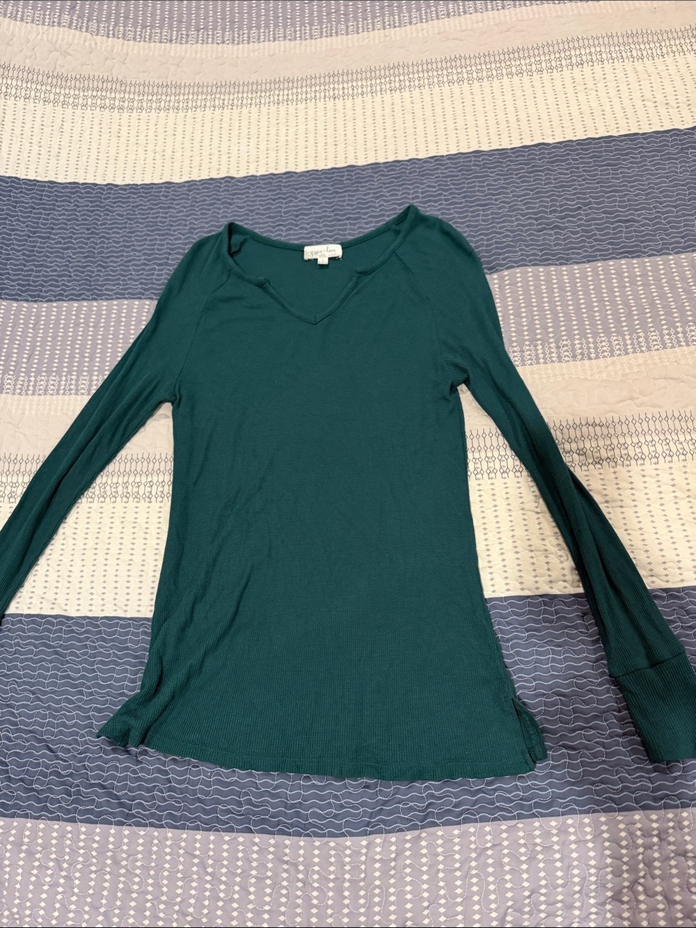 Grace & Lace Long Sleeve V-Neck Top in Teal Green